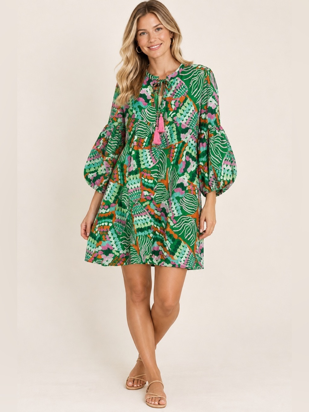 Jade Melody Tam Multi-Color Green Tunic Dress with Tassel Tie Size Small